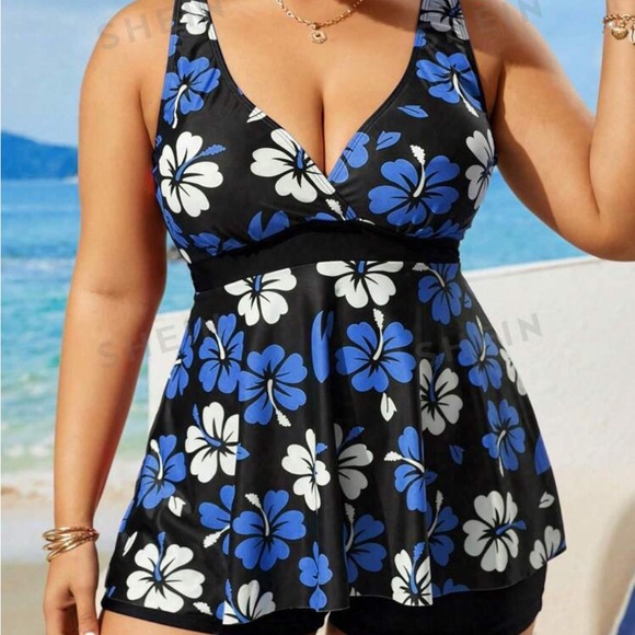 Swim Curve Plus Summer Beach Floral Print Shorts Tankini Swimsuit - Picture 2 of 5